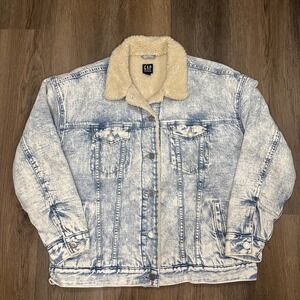 Gap Denim Jacket‎ Women's Medium Blue Acid Wash Jean Sherpa Lined Trucker Retro